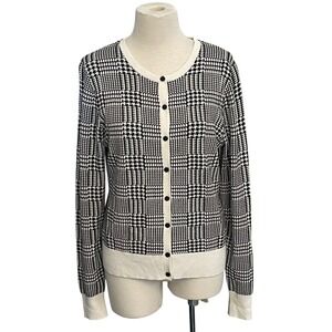 Ann Taylor Houndstooth Cardigan Sweater Black White Classic Career Casual Medium
